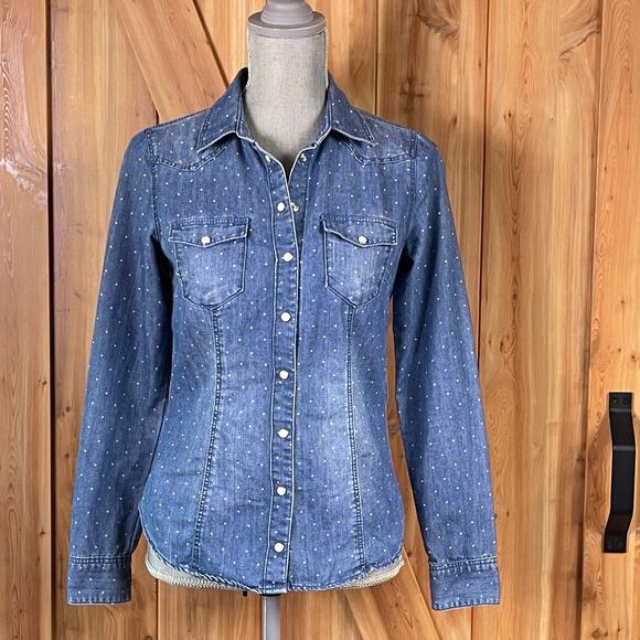 H&M Denim Snap Front Tiny Polka Dot Western Style Shirt size 4 - Picture 2 of 5